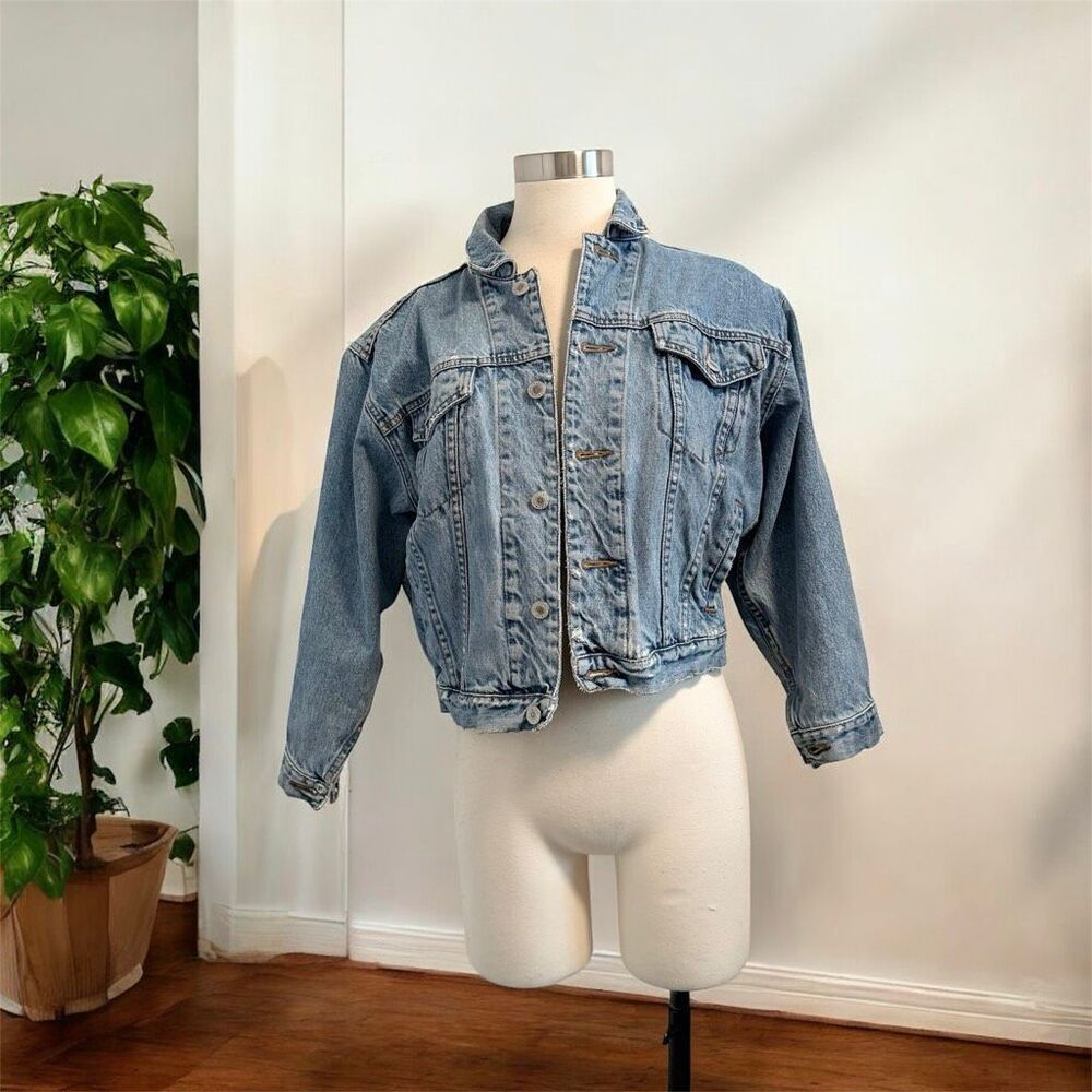 Gap Cropped Denim Jean Jacket Blue Coat Embroidered Distressed XS